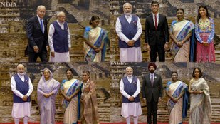 President Draupadi Murmu and Prime Minister Narendra Modi welcome guests at Bharat Mandapam for a gala dinner