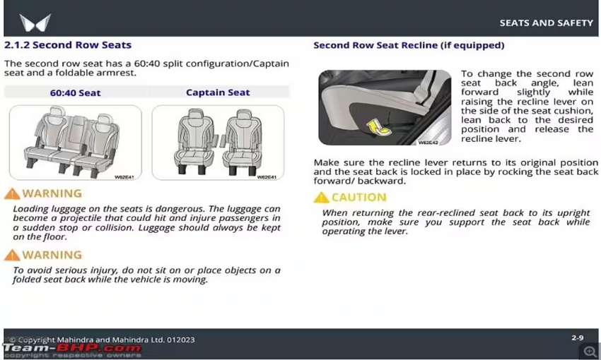 Mahindra XUV700 captain seats (Image: Team BHP)