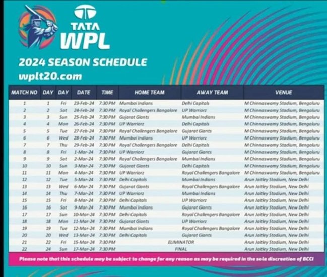 WPL 2024 Schedule, WPL 2024 , WPL 2024 Time Table
