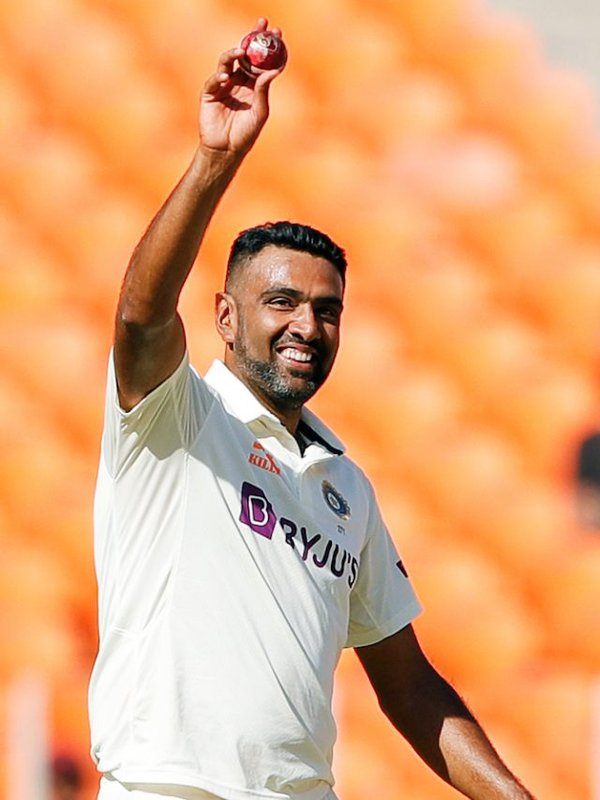 Ravichandran Ashwin shows the match ball after his five-wicket haul