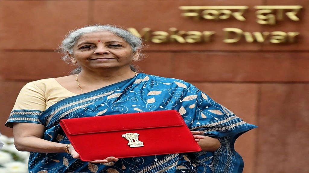 Union Finance Minister Nirmala Sitharaman shows the Budget tablet