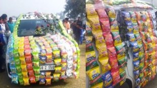 groom car decoration with chips and kurkure for wedding