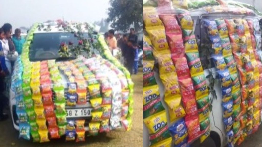 groom car decoration with chips and kurkure for wedding
