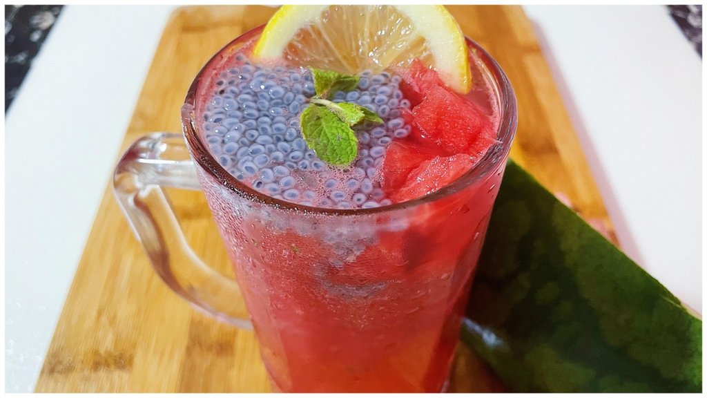 Morning Mantra watermelon juice with sabja seeds