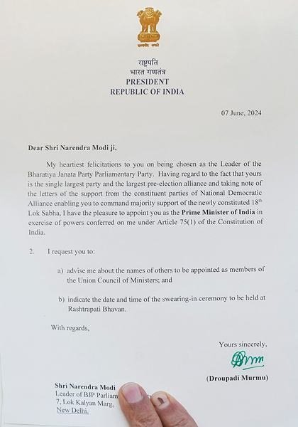 President Letter to PM Narendra Modi