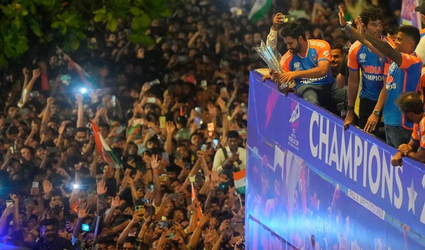 T20 World Cup-winning Indian cricket team captain Rohit Sharma holding the championship trophy