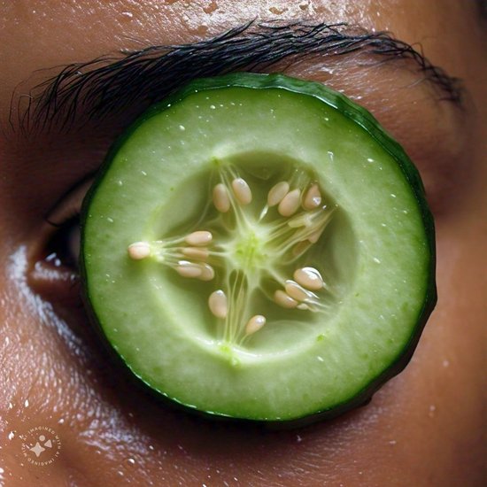 खीरे के टुकड़े (Cucumber for dark circles): खीरे के टुकड़ों को रेफ्रिजरेटर में ठंडा करें और उन्हें 10-15 मिनट के लिए अपनी आंखों के नीचे रखें। खीरे के ठंडे गुण और एंटीऑक्सीडेंट काले घेरों को कम करने में मदद करते हैं। (P.C. Meta AI)
