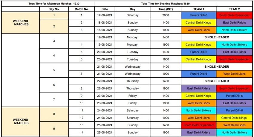 Delhi Premier League 2024, Delhi Premier League 2024 schedule, Delhi Premier League 2024 fixtures