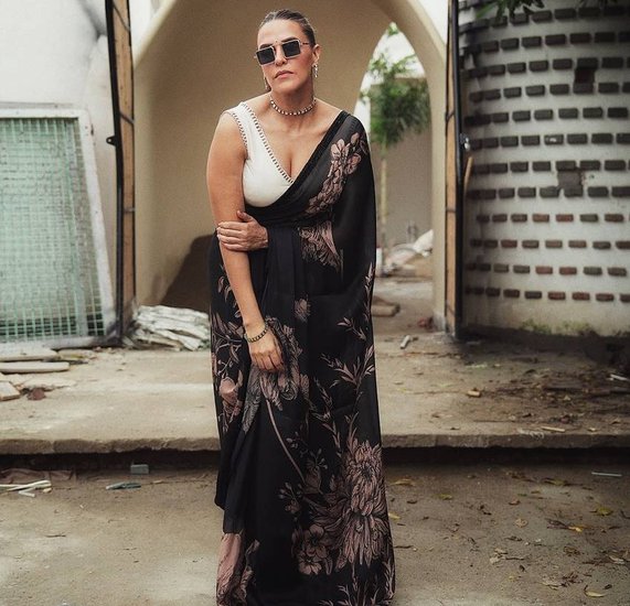 Neha Dhupia Black Saree Look