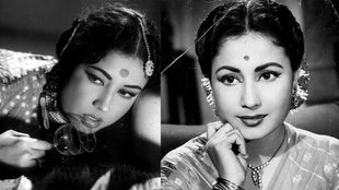 Portrait of Meena Kumari, a legendary Bollywood actress, with a tragic expression, symbolizing her tumultuous life and untimely death