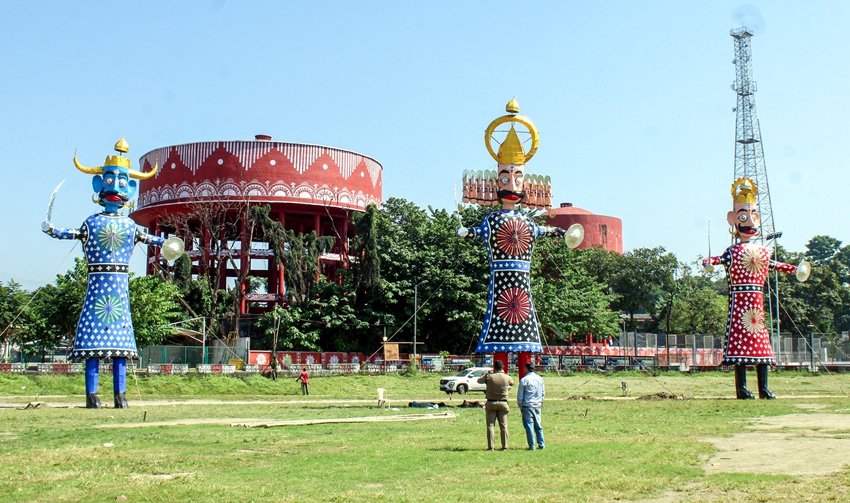 Effigies of Ravana, Kumbhkaran and Meghnath are installed on the eve of the Dussehra festival