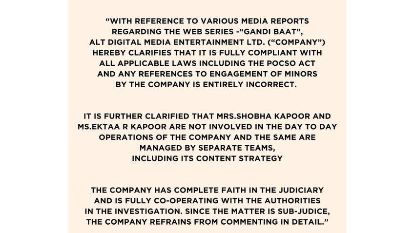 Ekta Kapoor Alt Balaji Official Statement
