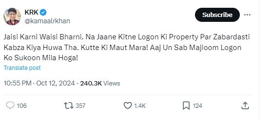 KRK Post After Baba Siddique Death