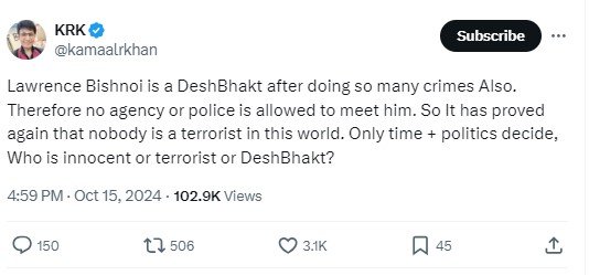 KRK on Lawrence Bishnoi
