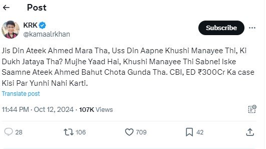KRK Post After Baba Siddique Death
