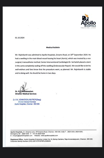 Hospital Wrote Rajinikanth Health Updates