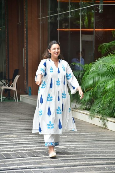 White and blue hand block printed kurta of Parineeti Chopra