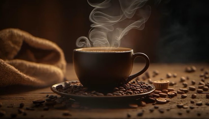 fresh-coffee-steams-wooden-table
