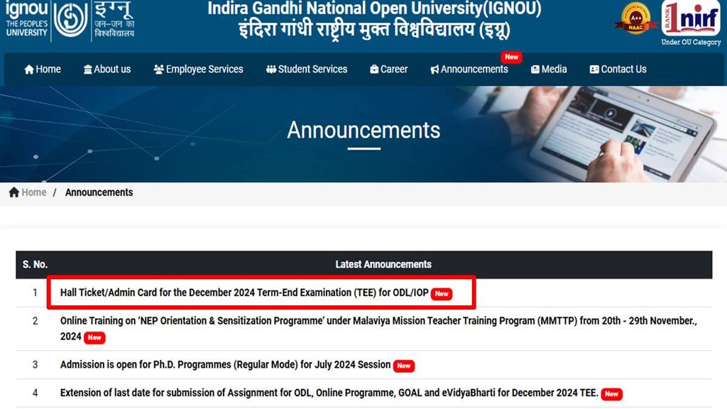 IGNOU Admit Card, DEC TEE Exam 2024,