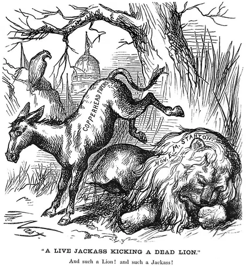 1870 में "हार्पर वीकली" में छपा कार्टूनिस्ट नास्ट का डेमोक्रेटिक गधे का कार्टून। (Wikimedia Commons)