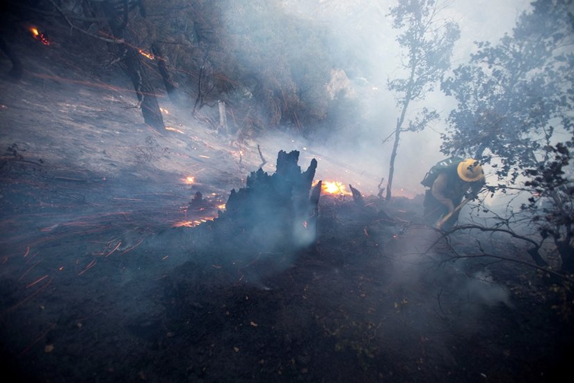 A firefighter battles the fire in the Angeles 