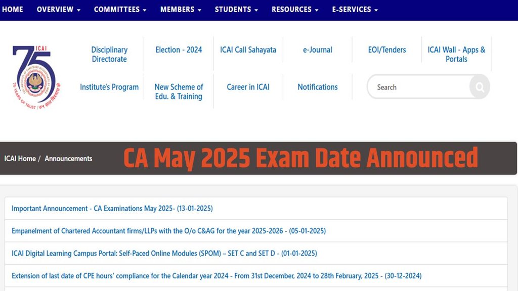 CA May 2025 Exam Date Announced, ICAI,