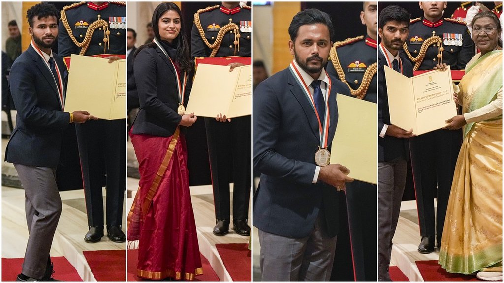 Khel Ratna Award, Major Dhyanchand Khel Ratna Award, Major Dhyan Chand Khel Ratna Award: D Gukesh (Chess),Harmanpreet Singh (Hockey), Praveen Kumar (Para-Athletics), Manu Bhaker (Shooting)