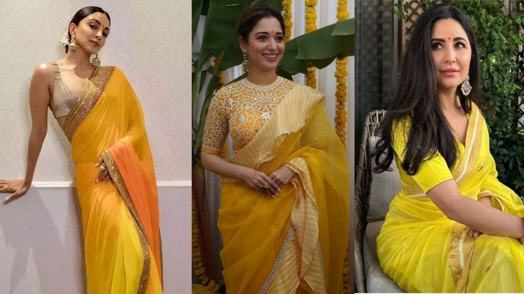 Yellow colour saree for saraswati puja