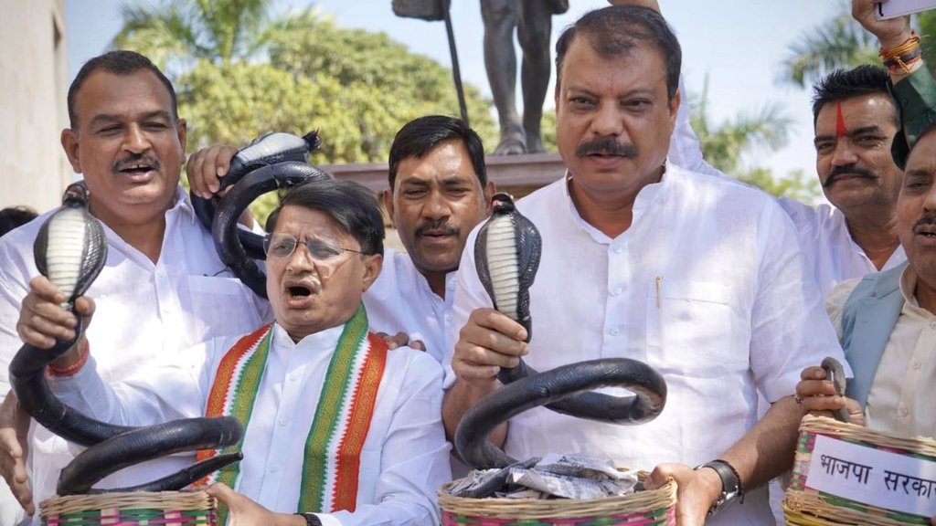 Congress MLAs protest Madhya Pradesh, Madhya Pradesh Assembly plastic snakes protest, Congress legislators plastic snake protest MP