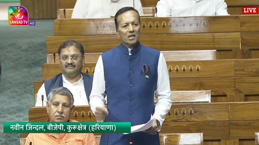 शुक्रवार को लोकसभा में बोलते हुए बीजेपी सांसद नवीन जिंदल। (Photo source: Screengrab from Sansad TV/YouTube)