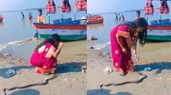 नदी किनारे पूजा कर रही थी महिला, फन फैलाए आ गए नागराज, देखकर झट से उठी और फिर…, डराने वाला Viral Video