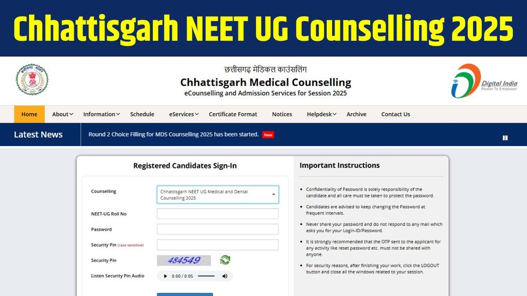 Chhattisgarh NEET UG Counselling 2025, Chhattisgarh NEET UG Counselling 2025 registration round 1, Chhattisgarh NEET UG Counselling registration, Directorate of Medical Education, CG NEET Counselling 2025