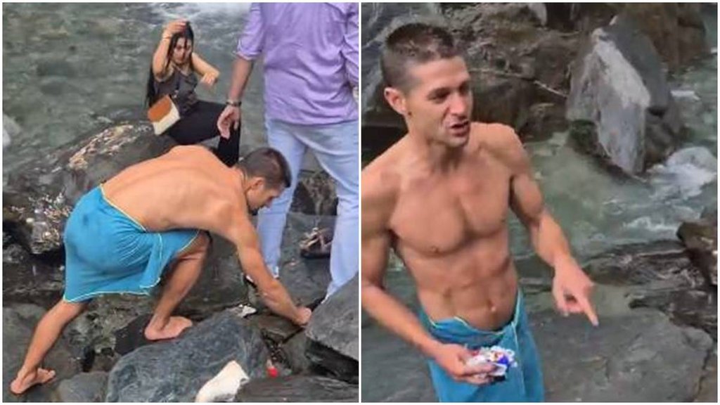 foreign tourist video viral, foreign tourist clean waterfall, viral video, trending