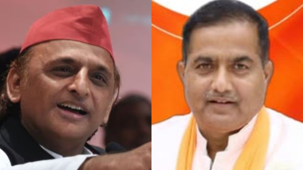 समाजवादी पार्टी के राष्ट्रीय अध्यक्ष अखिलेश यादव और मुरादाबाद की कुंदरकी सीट से बीजेपी विधायक रामवीर सिंह। (फोटो- सोशल मीडिया)