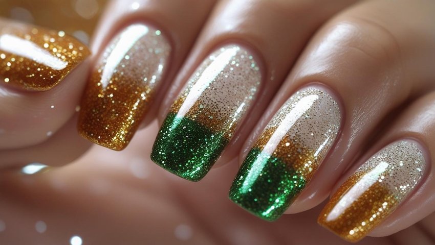 Apply light glitter in indian tricolor colors on the nails, so that the nails look shiny and special. This will be perfect for a party or function. create image