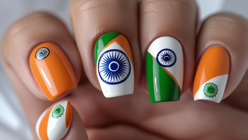 Celebrate Indian pride with this unique tricolor nail art featuring the national flag's vibrant colors, Ashoka Chakra, and star accents. A perfect nail design idea for Independence Day, Republi 