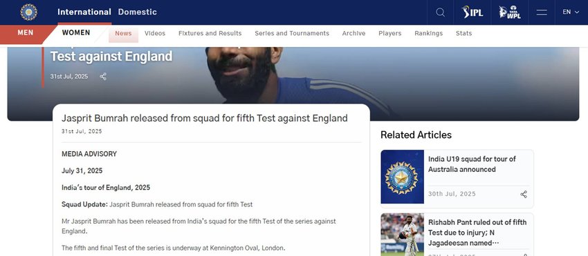 India vs England 5th Test Match, Jasprit Bumrah Released from Squad For 5th Test Against England, BCCI did not give the reason