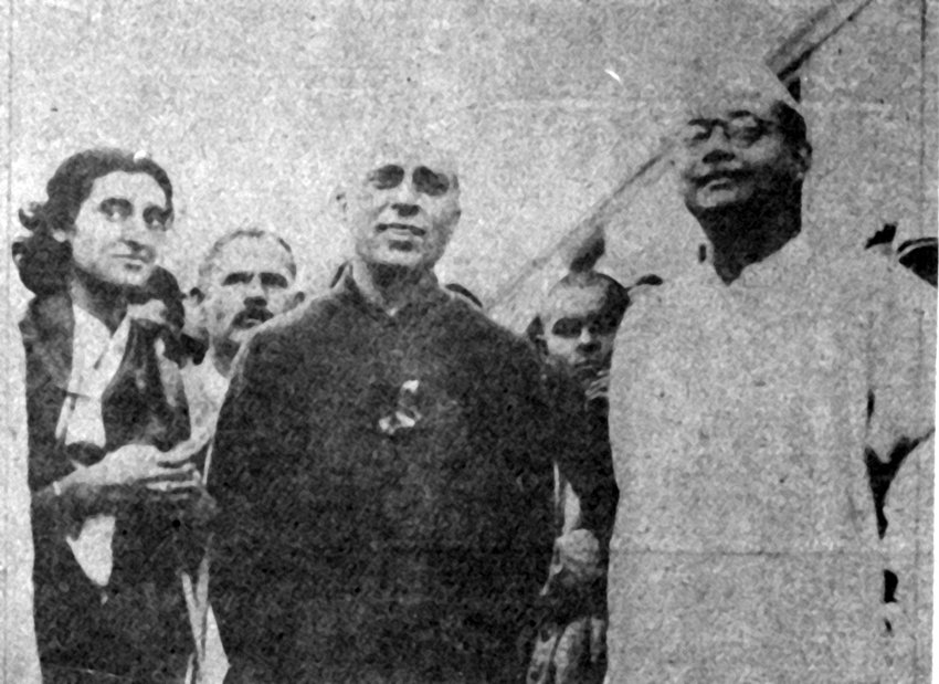Indira Gandhi with her father JL Nehru and Netaji Subhash 