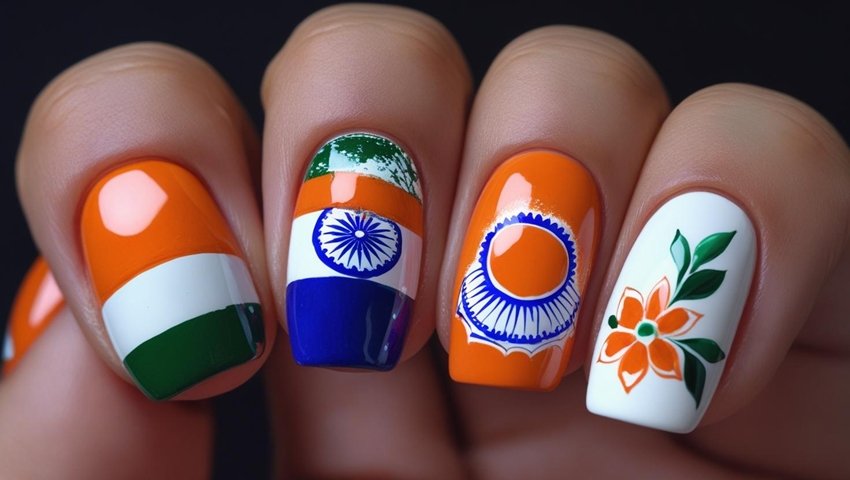 Paint different patriotic ideas on each nail—like the indian tricolour on one, Ashok Chakra on another, flowers on the third, etc. It looks stylish and trendy. use orange, white and green colour