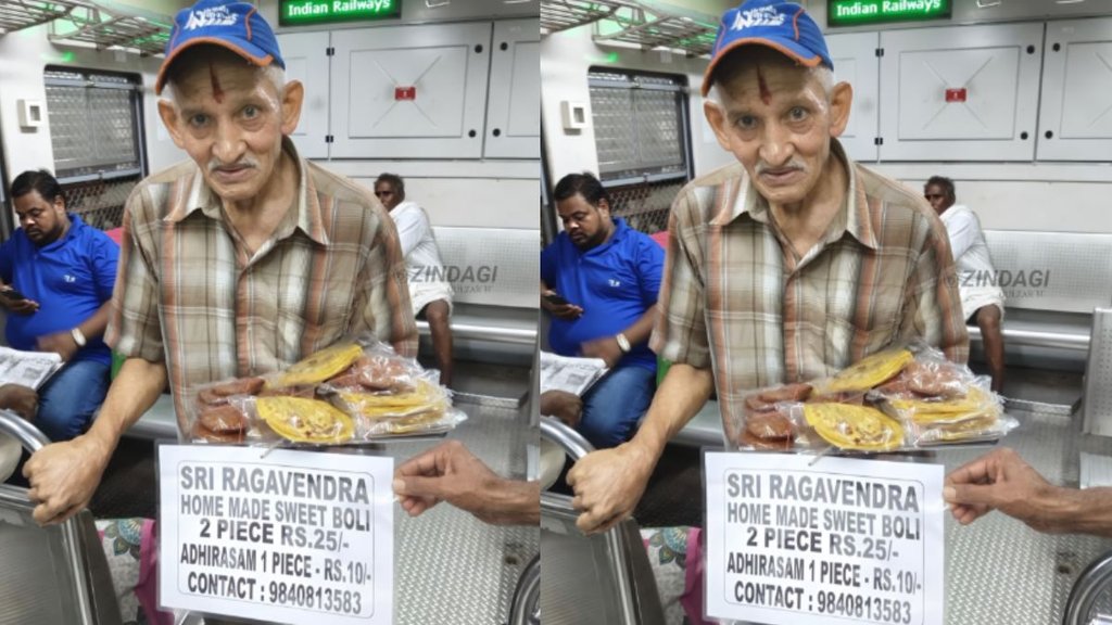 old man sells sweets in trian, 80 years old man sells sweets on train