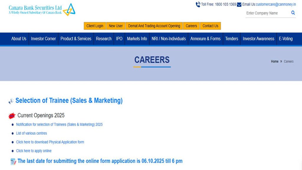 Canara Bank vacancy 2025, Canara Bank Securities Limited,