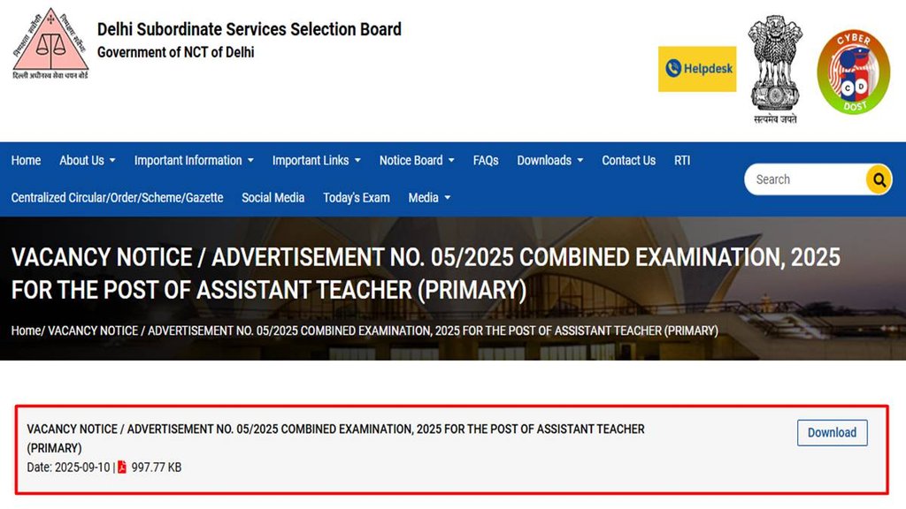 DSSSB Vacancy 2025, DSSSB PRT Vacancy,