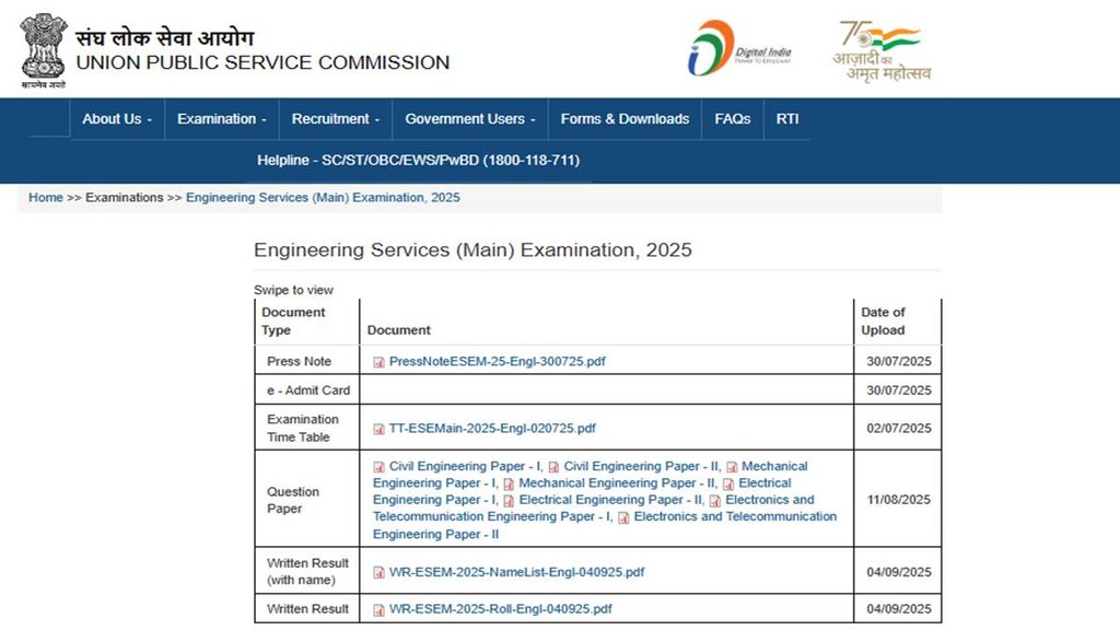 UPSC ESE Mains Result Out, UPSC, upsc.gov.in, Engineering Services (Main)
