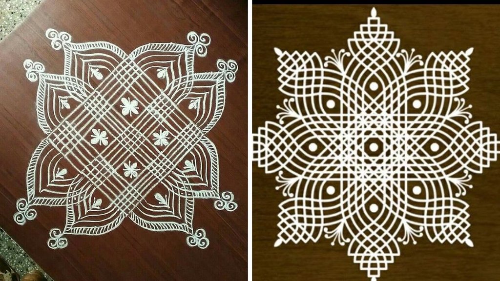 Simple rice flour rangoli designs, Rice flour rangoli designs with dots