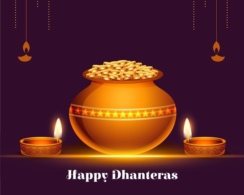 happy dhanteras religious event with golden coin pot and oil diy