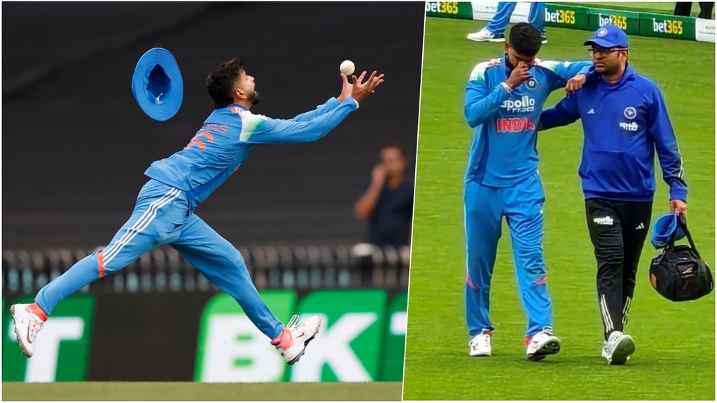 IND vs AUS Shreyas iyer injured left field with physio stunning catch alex carey harshit rana bowling