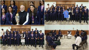 PM Narendra Modi Meets World Champion Indian Women Cricket Team Harmanpreet Kaur gives Namo jersey trophy Video and photos