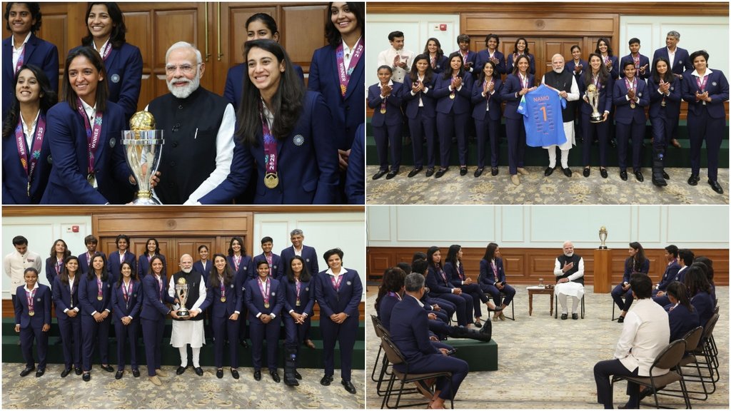PM Narendra Modi Meets World Champion Indian Women Cricket Team Harmanpreet Kaur gives Namo jersey trophy Video and photos