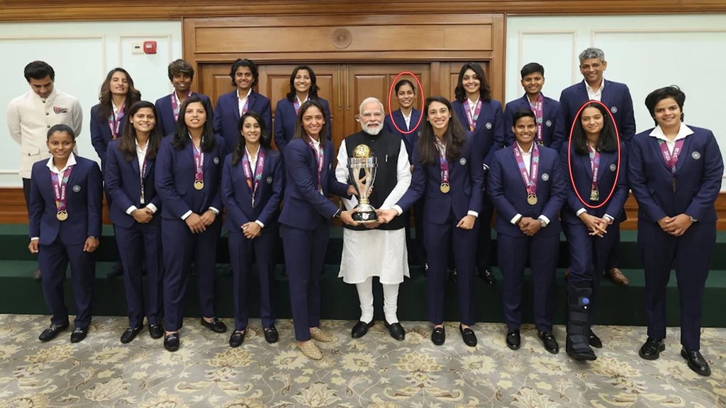 PM Modi world cup trophy photoshoot Amanjot Kaur gives injured pratika rawal her ICC medal social media viral pictures PM Modi world cup trophy photoshoot Amanjot Kaur gives injured pratika rawal her ICC medal social media viral pictures