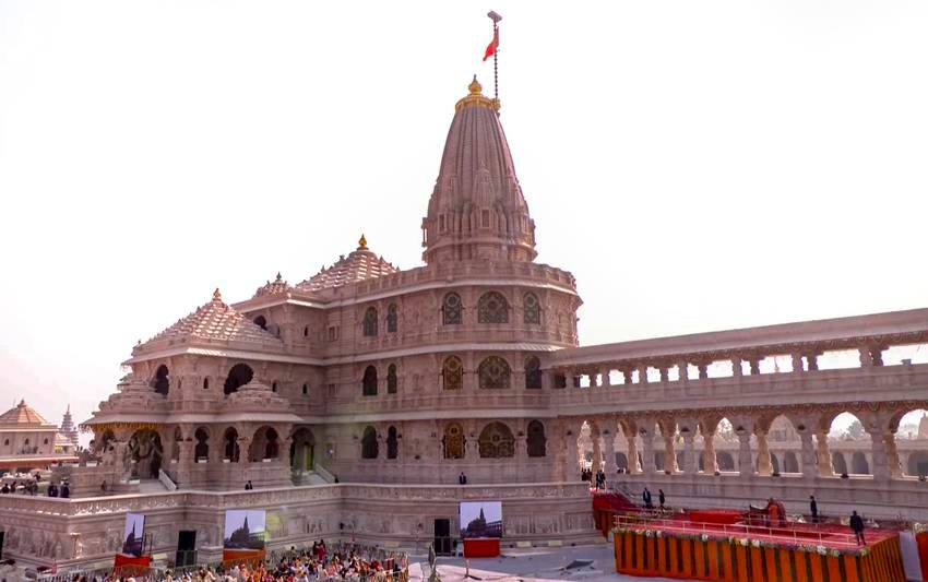 Sacred symbols on Ram Temple flag